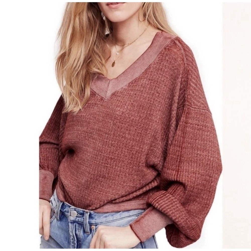 We the Free People South Side Slouchy Oversized‎ Waffle Knit Thermal Top Rust L